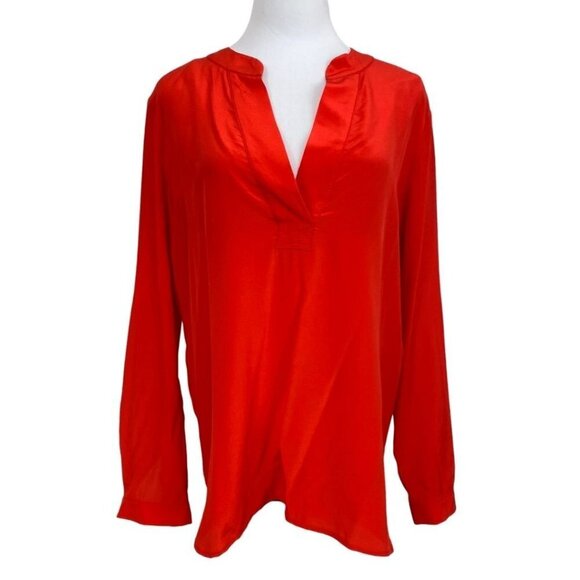 DIANE VON FURSTENBERG ESTI RED SILK ROLLED TAB SLEEVE BLOUSE - 2 - Picture 2 of 12